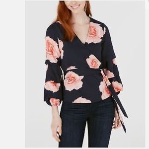 BAR III (New) Womens Navy Floral V Neck Wrap Top (New)